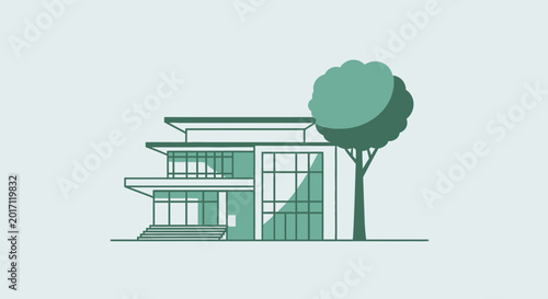Modern house illustration with tree against a pale green background