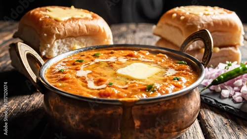 Close-up of spicy indian pav bhaji with melting butter and buns on a warm rustic wooden table.