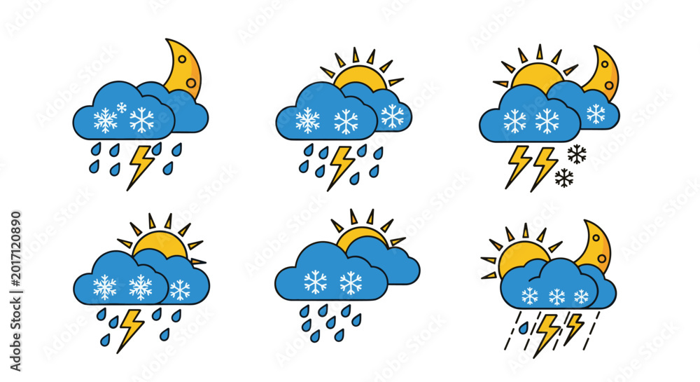 Obraz premium Set of six weather icons showing various combinations of storm clouds sun moon snow rain and lightning for diverse forecast condition displays.