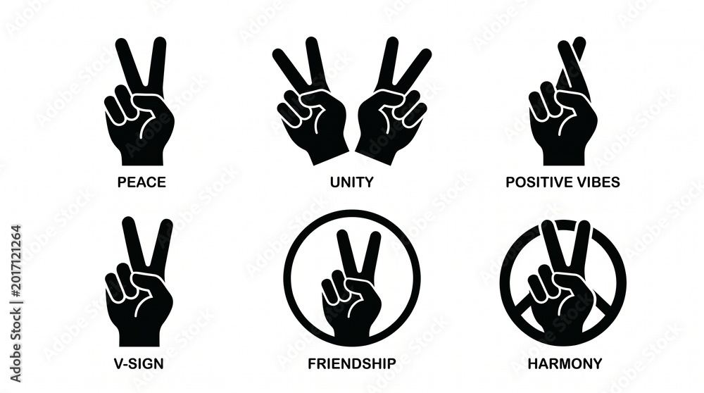 Fototapeta premium Silhouette icons of peace gestures: V-sign hands, symbolic variations with heart, leaf, peace symbol, representing unity and harmony.