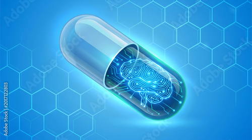 Digital medical capsule containing a glowing circuit brain representing smart drugs and artificial intelligence technology