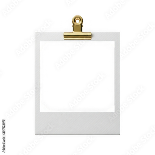 Blank polaroid photo hanging on a gold clip