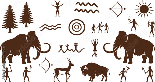 Tableau sur toile Prehistoric Cave Painting Illustration Set with Mammoth, Hunters, Deer, Bison, Tribal Symbols, Trees, Sun, and Ancient Rock Art Elements for History and Archaeology Designs