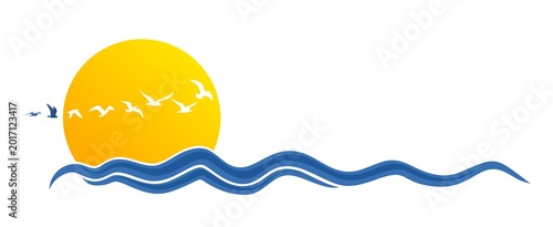 A sun symbol with sea and seagulls.