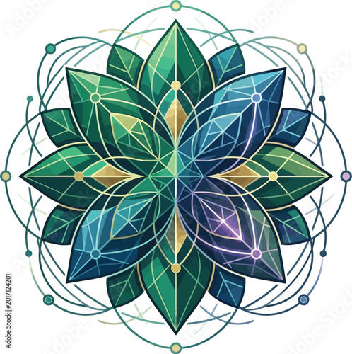 Lotus mandala features intricate emerald leaves and geometric crystal.