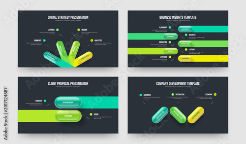 Investor Introduction 4 5 2 3 Element Diagram Slide Design Set. Modern Development Four Five Two Three Step Infographic Slideshow Layout Vector Illustration Bundle.