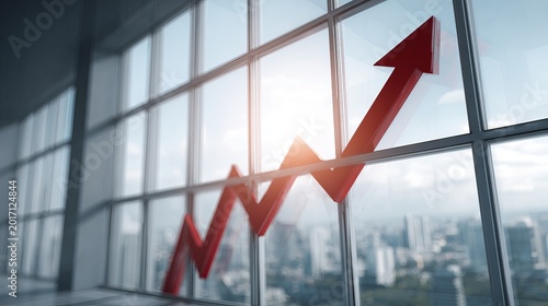 A red arrow graph indicating growth is displayed on a glass window with a cityscape background.