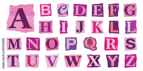 Fotografi Alphabet set of letters made from colorful paper magazine cutouts in pink and pu