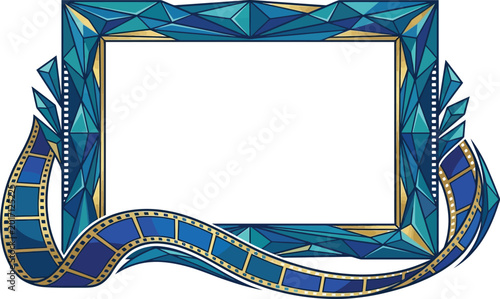 Frame border features blue geometric shapes and a classic film strip roll.