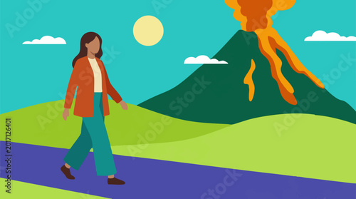 Photography Woman walking on road with erupting volcano in background, flat illustration