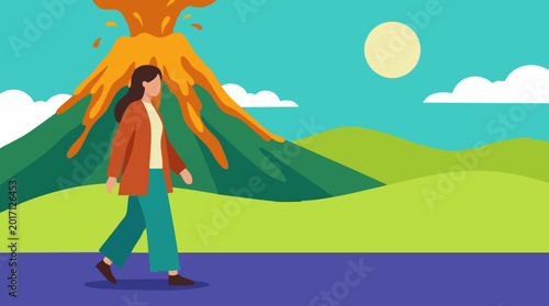 Foto Woman walking past an erupting volcano in a vibrant flat illustration