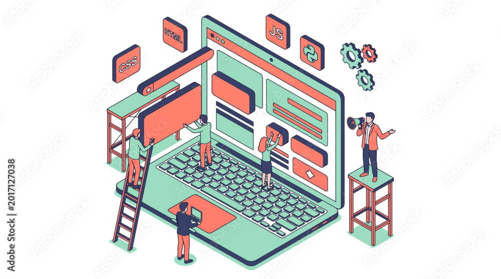 Obraz premium Isometric illustration of creative team building professional website layout on large laptop with coding icons, representing web development workflow and illustrating collaboration