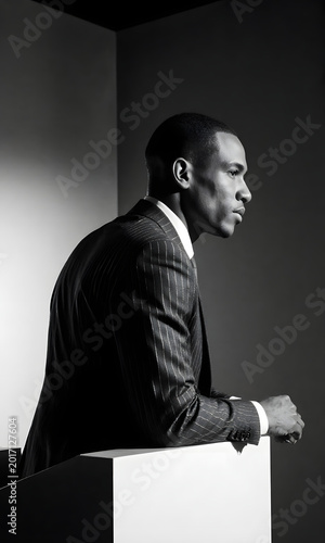 Black man in suit looking thoughtfully while leaning on a podium  