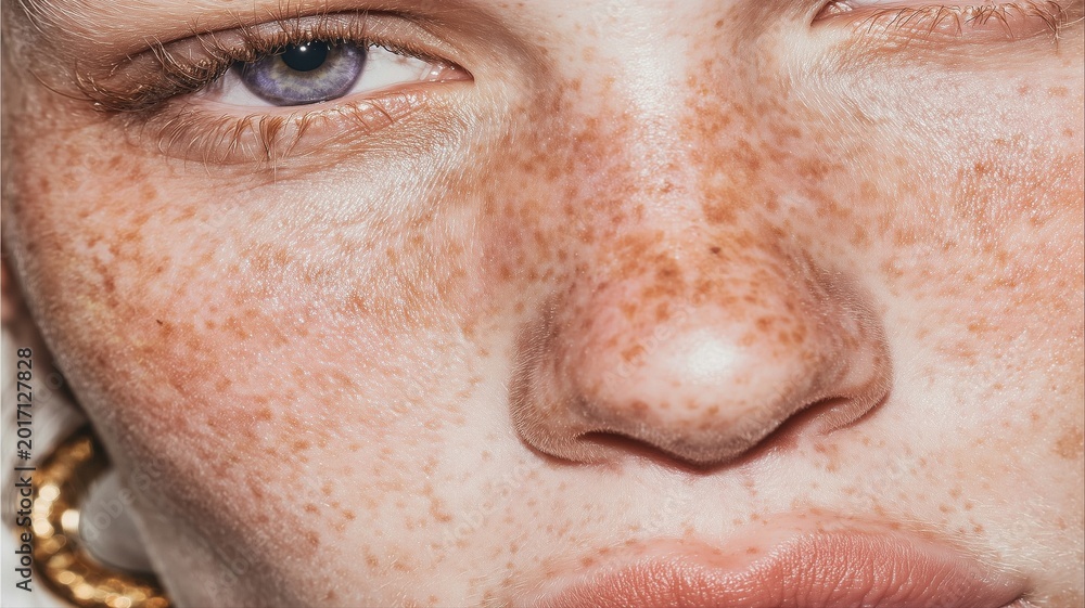 Naklejka premium クローズアップされた女性の顔のアップ写真。肌の質感やそばかすが詳細に写っている。美容やスキンケアの用途に適した画像。