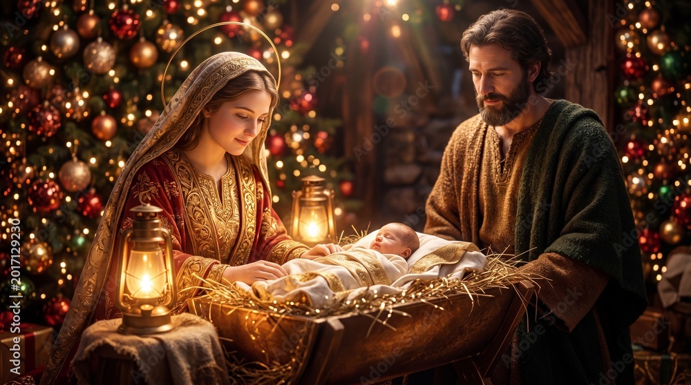 Fototapeta premium Woman and man adoring newborn baby in wooden manger. Holy nativity scene with glowing lanterns and christmas tree. Religious celebration of jesus birth in stable