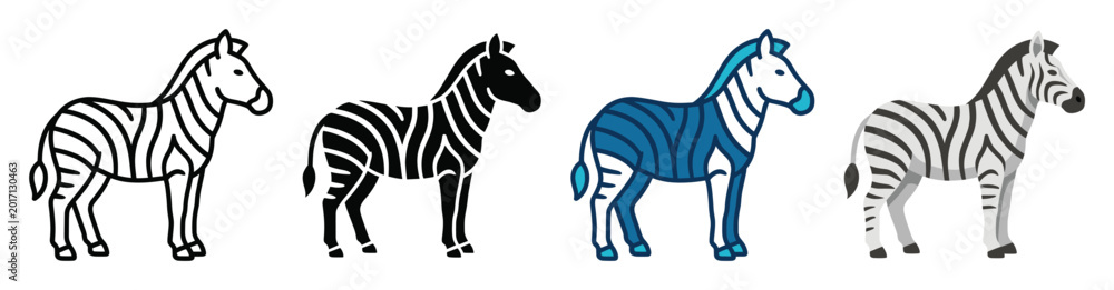 Fototapeta premium Four stylized zebra illustrations in different styles, including outline, solid black, blue, and classic striped, standing