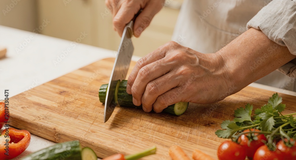 Obraz premium Senior hands cutting fresh vegetables on wooden board in kitchen