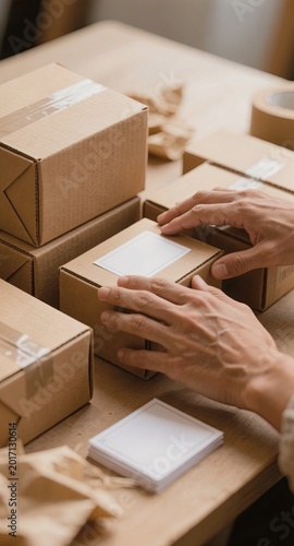 Hands packing cardboard parcel boxes for shipping small business seller
