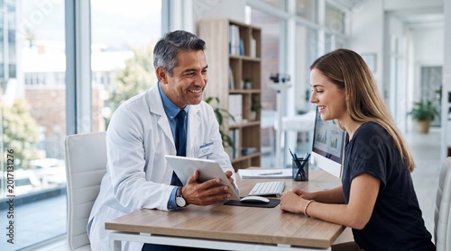 Professional male doctor discussing health results with a young female patient using a digital tablet in a bright modern medical office