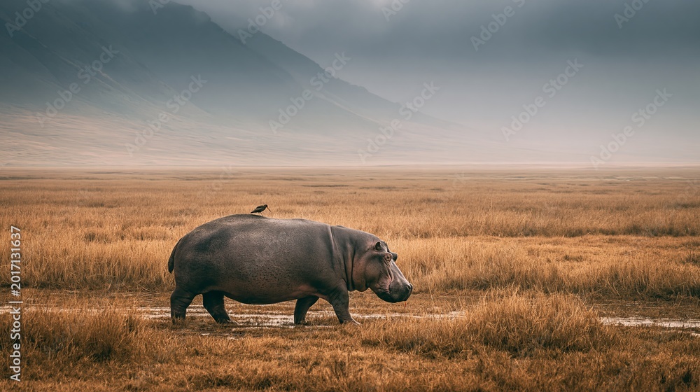 Fototapeta premium Hippo walks through the wet savanna with a bird on its back. Ngorongoro Crater, Tanzania.