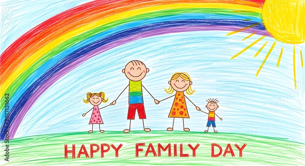 Fototapeta premium Happy family day child's drawing of family with rainbow and sun