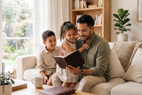 Happy father reading a book to his young son and daughter on a sofa in a bright living room
