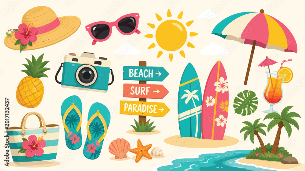 Fototapeta premium Colorful beach vacation icons set featuring summer accessories and tropical activities