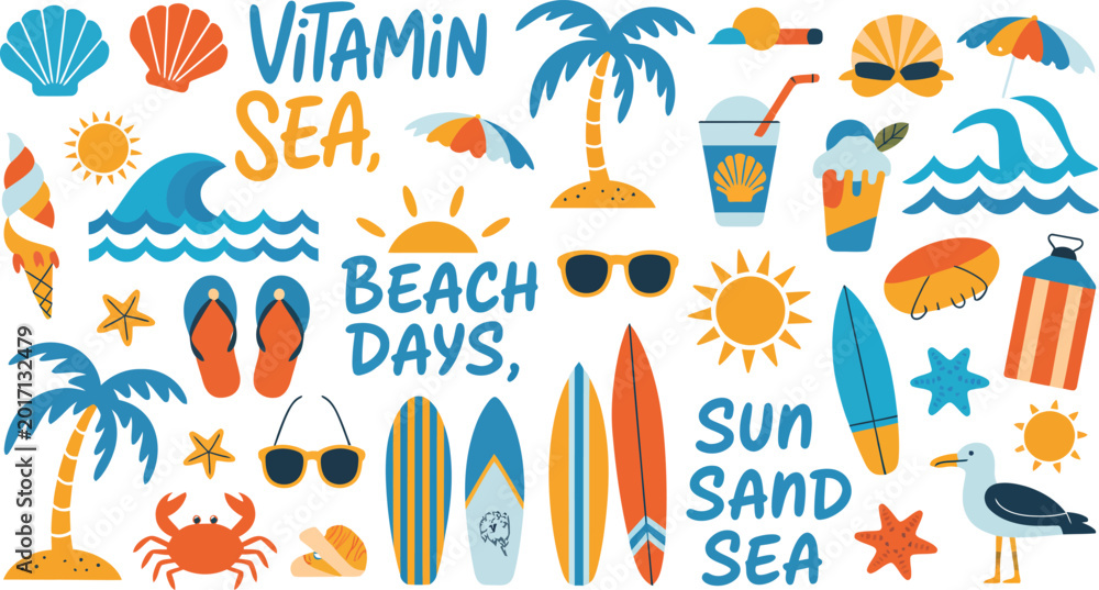 Obraz premium Colorful beach vacation illustration featuring vitamin sea and sun sand sea elements