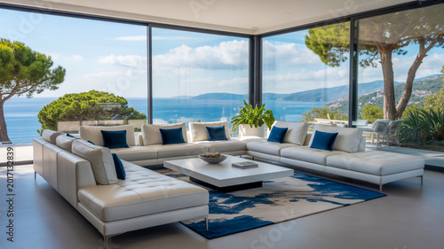 A sleek professional photograph of a modern living room with a large sectional sofa, coffee table, and ocean view through floor-to-ceiling windows, showcasing interior design and architecture.