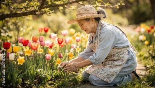 Senior East Asian woman in a straw hat and floral apron kneeling in a vibrant spring garden, carefully tending to colorful tulips and yellow daffodils under warm, golden sunlight during retirement.