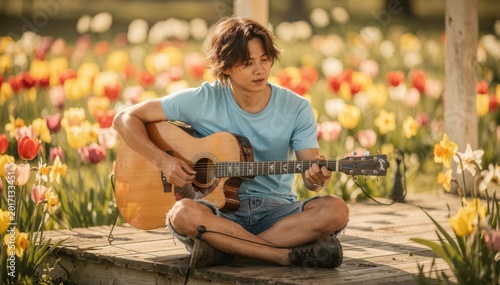 Young East Asian Man Playing Acoustic Guitar in a Vibrant Tulip Field at Golden Hour; Serene Musician Sitting Cross-Legged on Wooden Deck Surrounded by Colorful Spring Flowers and Warm Sunlight