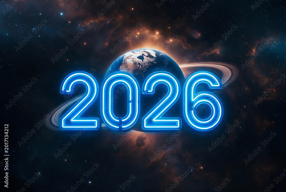 Fototapeta premium The image depicts the year 2026 overlaid on a digitally rendered depiction of Earth within a cosmic nebula.