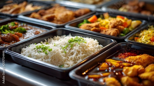 Close-up of canteen food trays with rice and side dishes.