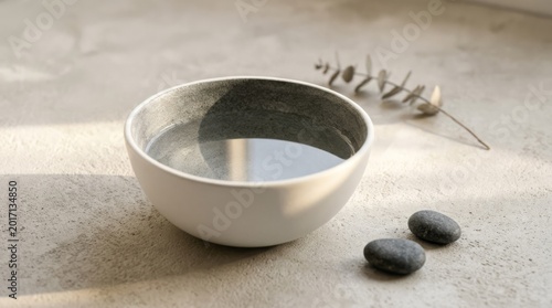 Minimalist Bowl with Water and Stones Water Minimalist Stones Eucalyptus Decor Interior Design. Concept featuring water, minimalist, stones, eucalyptus, decor for professional commercial design.