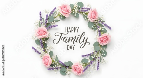 Happy family day wishes with beautiful floral wreath and roses