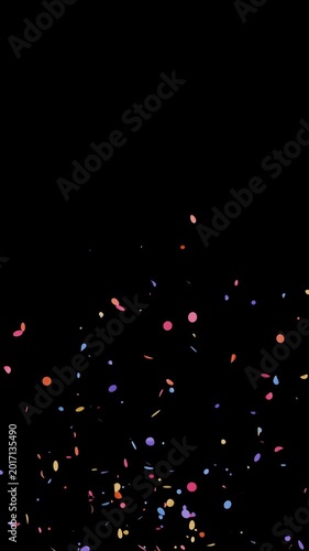 Colorful circle shape confetti burst both sides overlay on black background with alpha channel. 