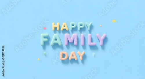 Happy family day celebration pastel typography with confetti on light blue background