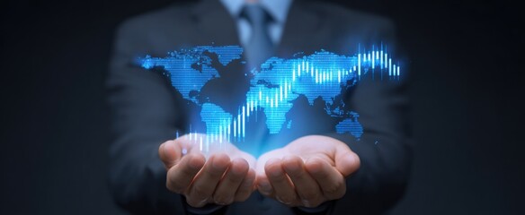Corporate executive showcasing a holographic map with stock trends for global finance insights