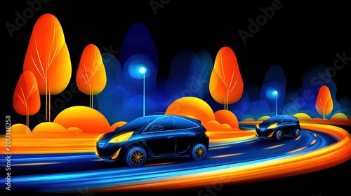 Commercial nighttime sci-fi concept cars speeding with blue-orange light trails, neon outlines and circuit body patterns, galaxy starry sky background.