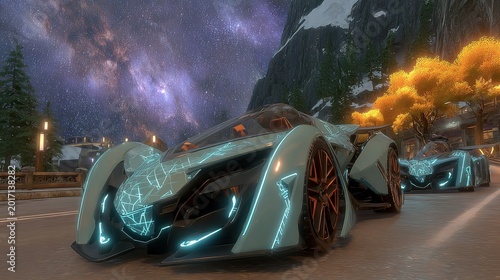 Sci-fi cars speeding on curved nighttime road, glowing yellow-orange bushes and dark trees on sides, starry galaxy above, neon circuit patterns on vehicles.