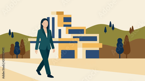 Tableau sur toile Businesswoman walking past modern building and natural landscape