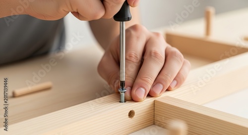 Hand assembling wooden furniture with screwdriver and screw. Scene conveys diy repair, home improvement, craftsmanship, manual skill, and practical work.