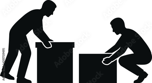 Photos Silhouette icons of two delivery men lifting and moving cardboard boxes for house relocation logistics warehouse work and manual labor service