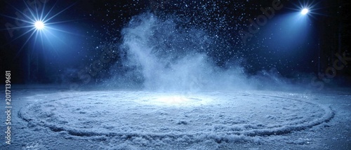 A solitary patch of snow under the spotlights at night creates a dramatic backdrop that evokes the feeling of a winter fairy tale, the anticipation of a miracle, or a mysterious event.