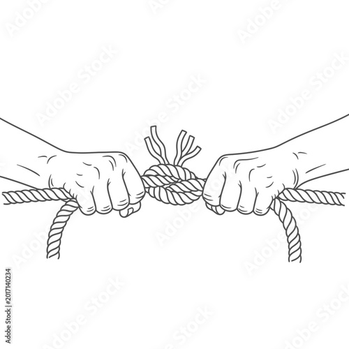 Two hands tying a rope knot.