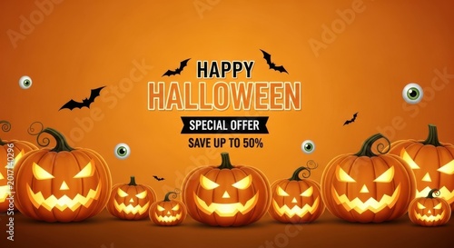 Happy halloween special offer banner with spooky pumpkins and bats