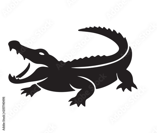  silhouette of an alligator is depicted with its mouth wide open, revealing sharp teeth.