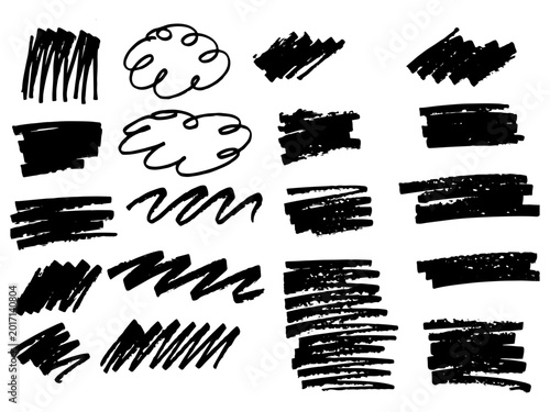 Set of vector black hand drawn brush strokes, scribbles and marker lines isolated on white background. Grunge ink brush
