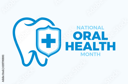 National Oral Health Month poster vector illustration. Healthy tooth with shield icon vector. Dental health symbol. Template for background, banner, card. Important day