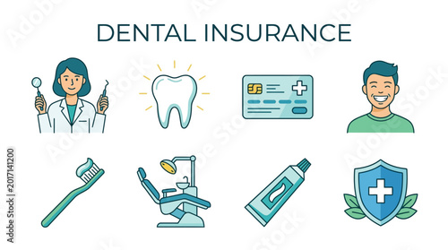 Dental Care and Insurance Symbols with Dentist Patient Toothbrush and Clinic Chair
